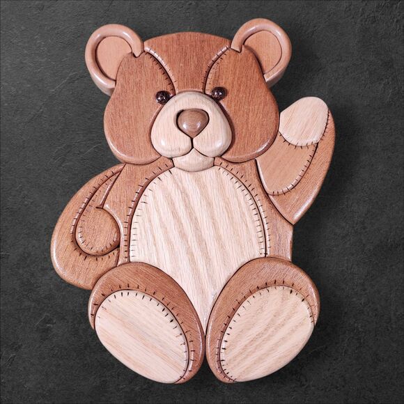 Set of 3 Wooden Intarsia Teddy Bear Wall Plaques Nursery Cottagecore Decor - Picture 3 of 8